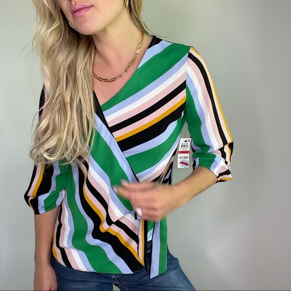 Bar III Green, Black, Blue, Yellow Striped Wrap Style Top New with Tags - Picture 5 of 12